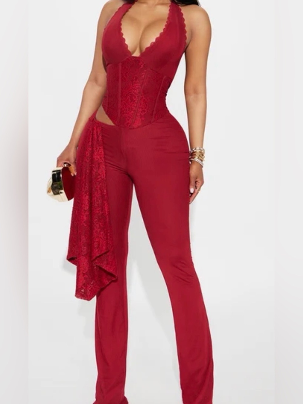 Fashion Nova Burgundy Lace Corset Halter Jumpsuit | XS